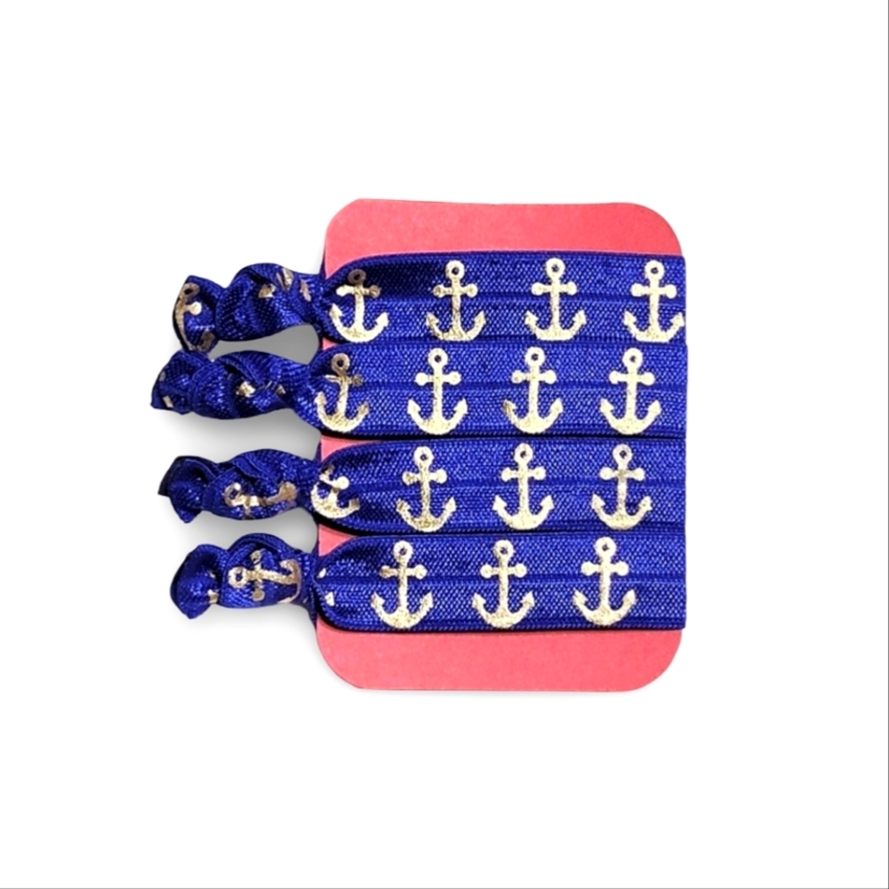 Blue Gold Anchor Theme 4-Pack Hair Ties Handmade No Crease FOE Ponytail Holders